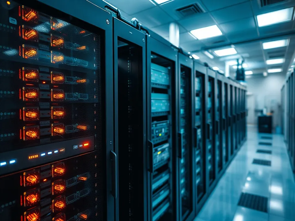 A technical top-down view of an advanced server rack with gl
