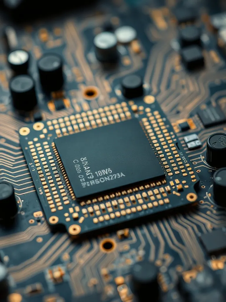 Macro photography of a high-tech processor chip with gold an